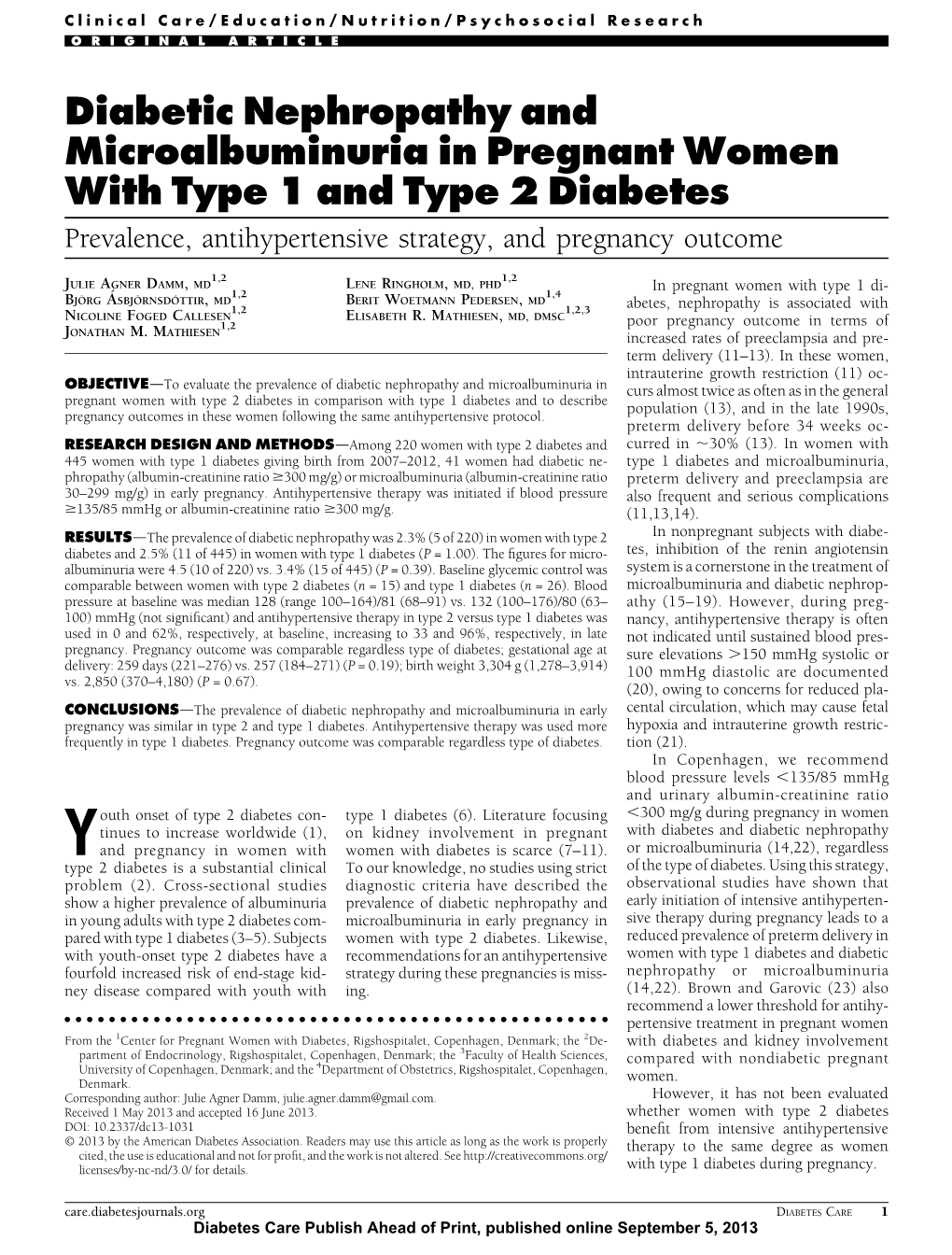 Diabetic Nephropathy and Microalbuminuria in Pregnant Women with Type 1 and Type 2 Diabetes Prevalence, Antihypertensive Strategy, and Pregnancy Outcome