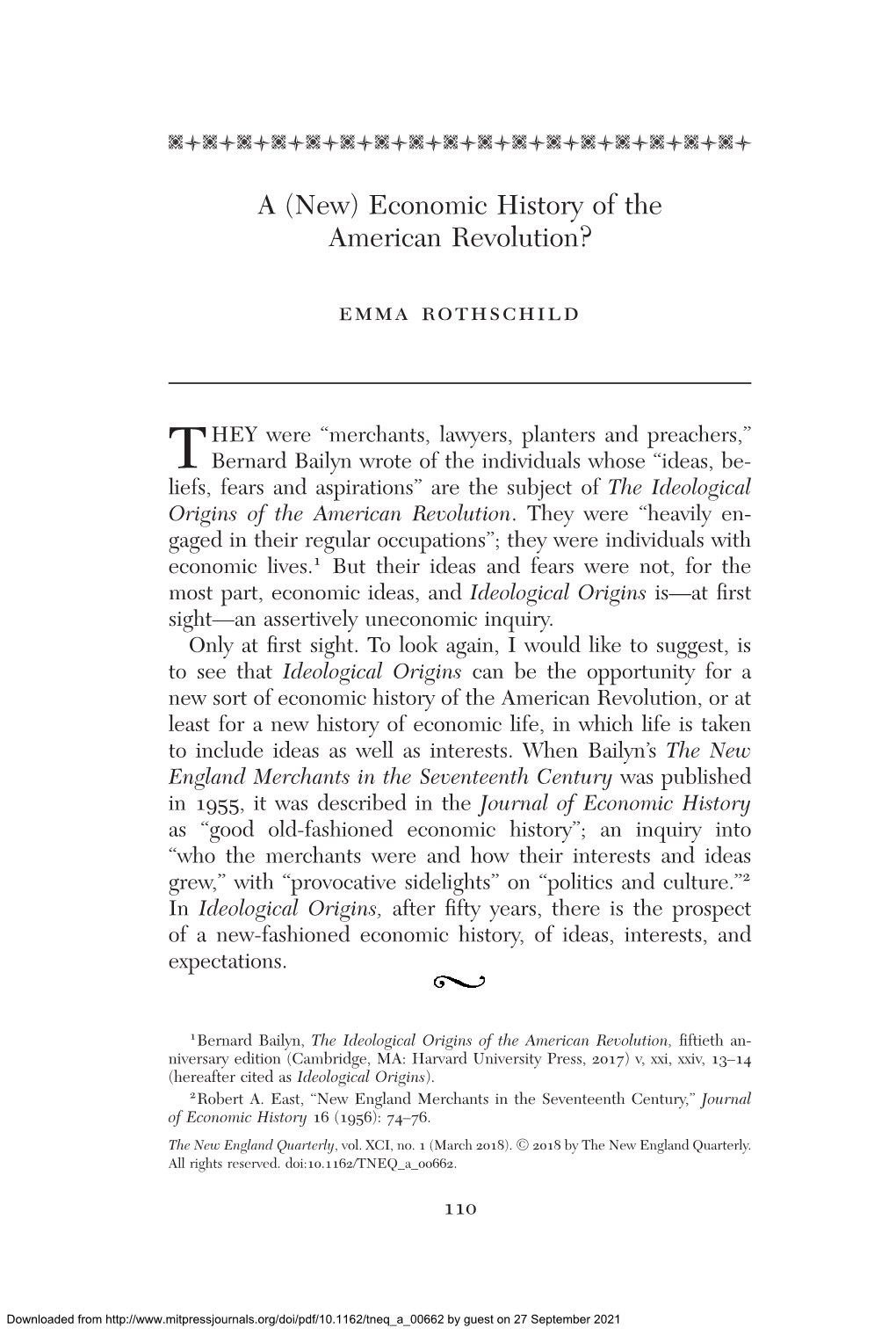 Economic History of the American Revolution?