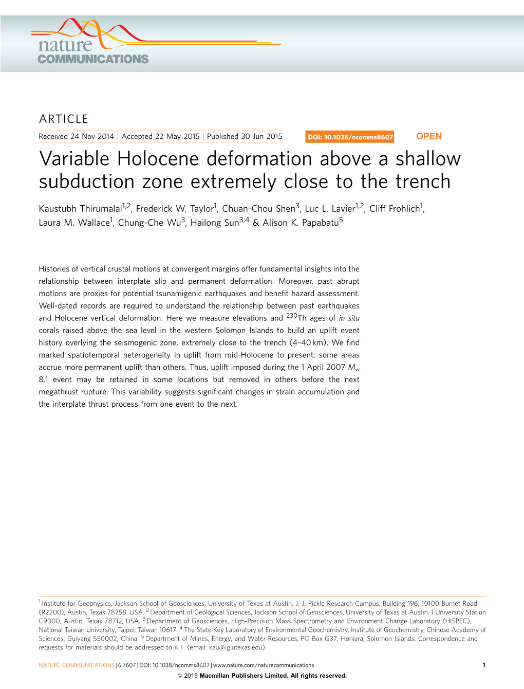 Variable Holocene Deformation Above a Shallow Subduction Zone Extremely Close to the Trench