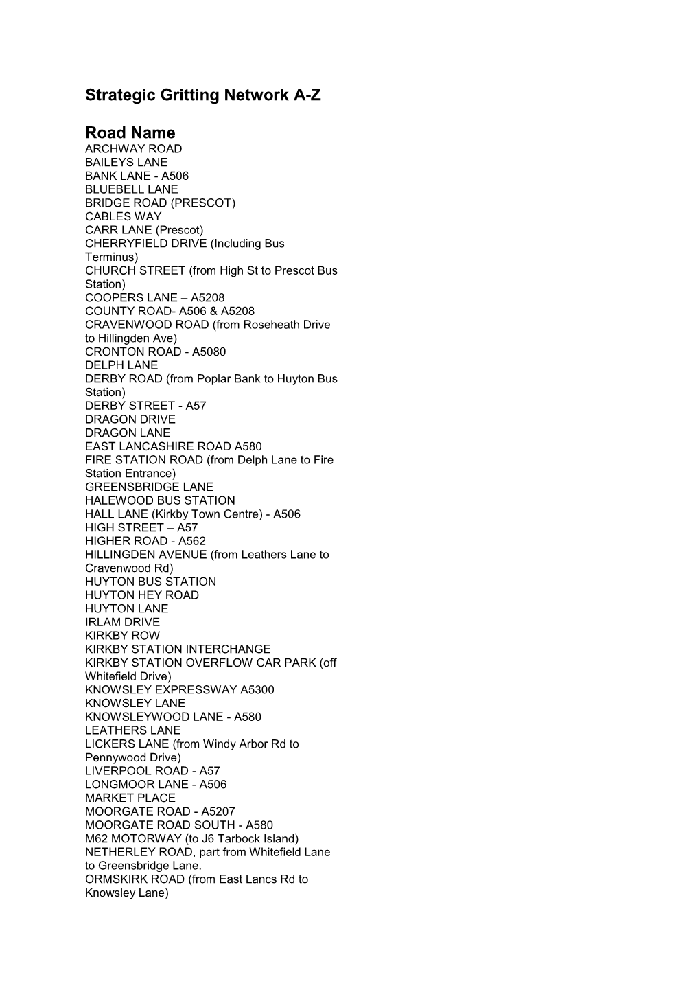 Strategic Gritting Network A-Z Road Name