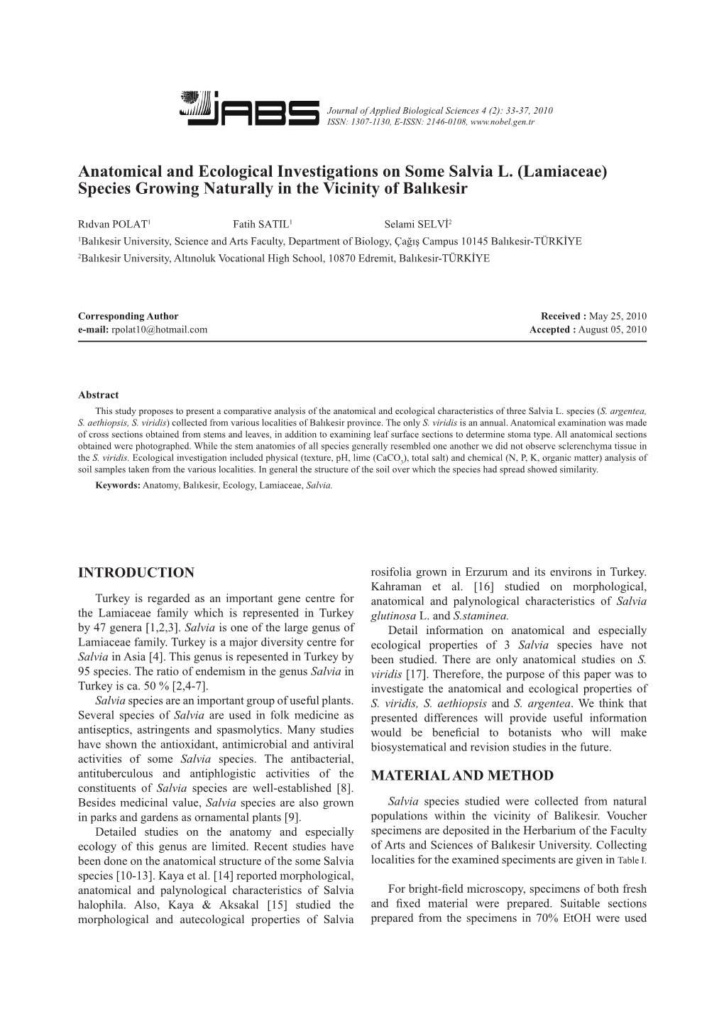 Anatomical and Ecological Investigations on Some Salvia L