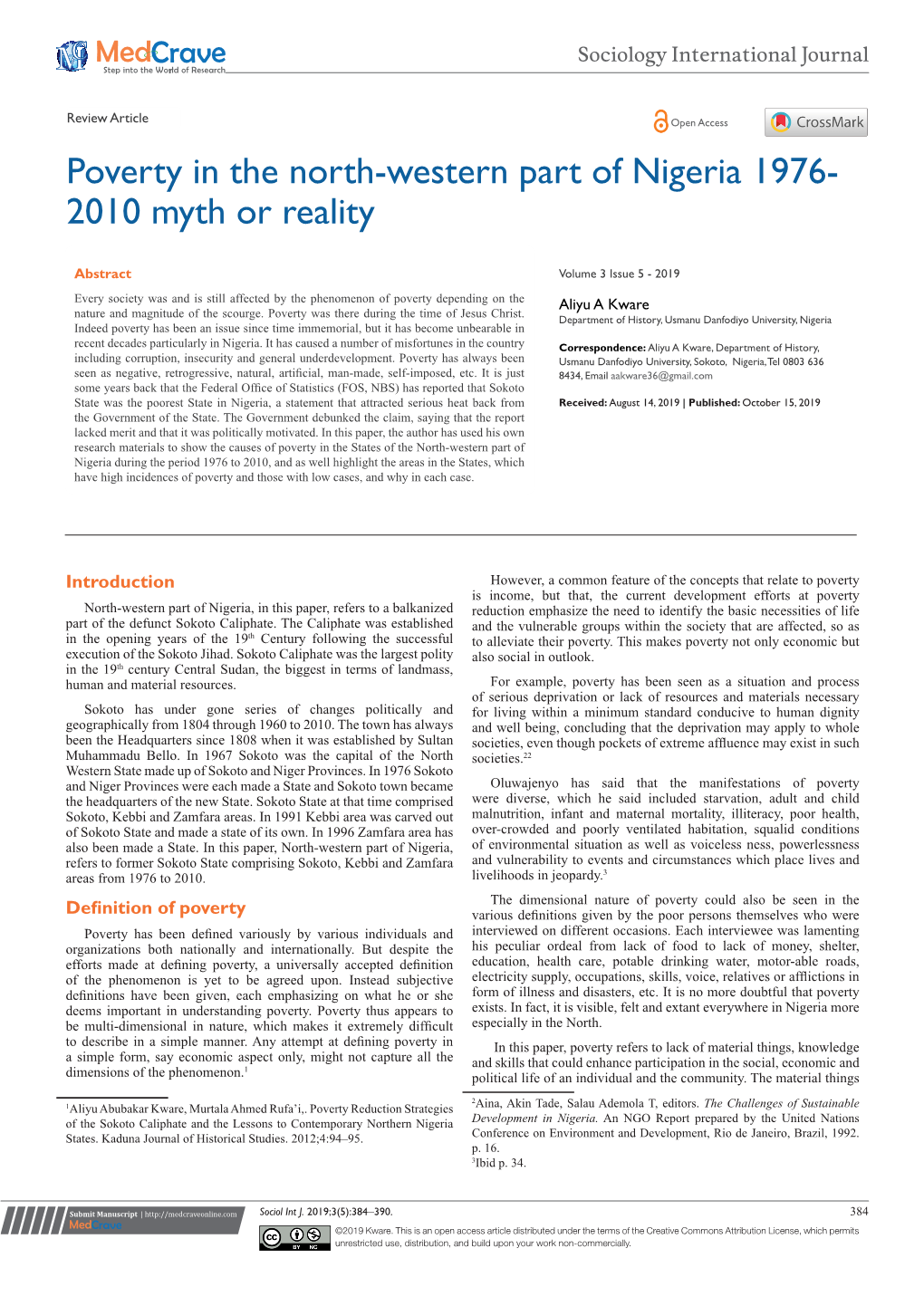 Poverty in the North-Western Part of Nigeria 1976-2010 Myth Or Reality ©2019 Kware 385