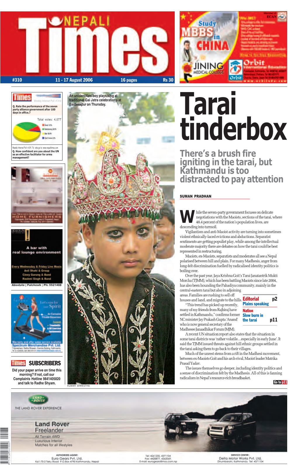 Nepali Times: on Goit’S Tarai Secession Agenda It Is a Big Problem, but the Cut-Off Date Proposed by TJMM’S Tactics