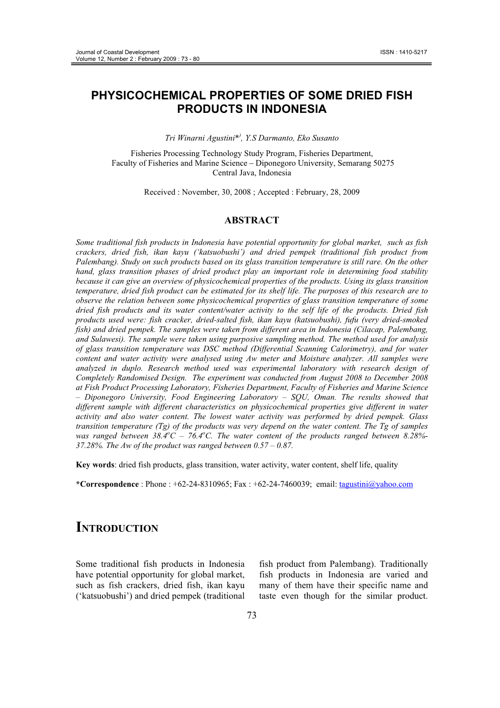 Physicochemical Properties of Some Dried Fish Products in Indonesia