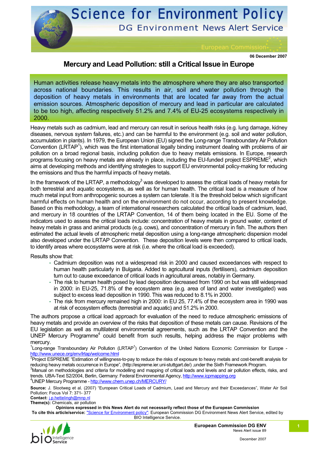 Mercury and Lead Pollution: Still a Critical Issue in Europe