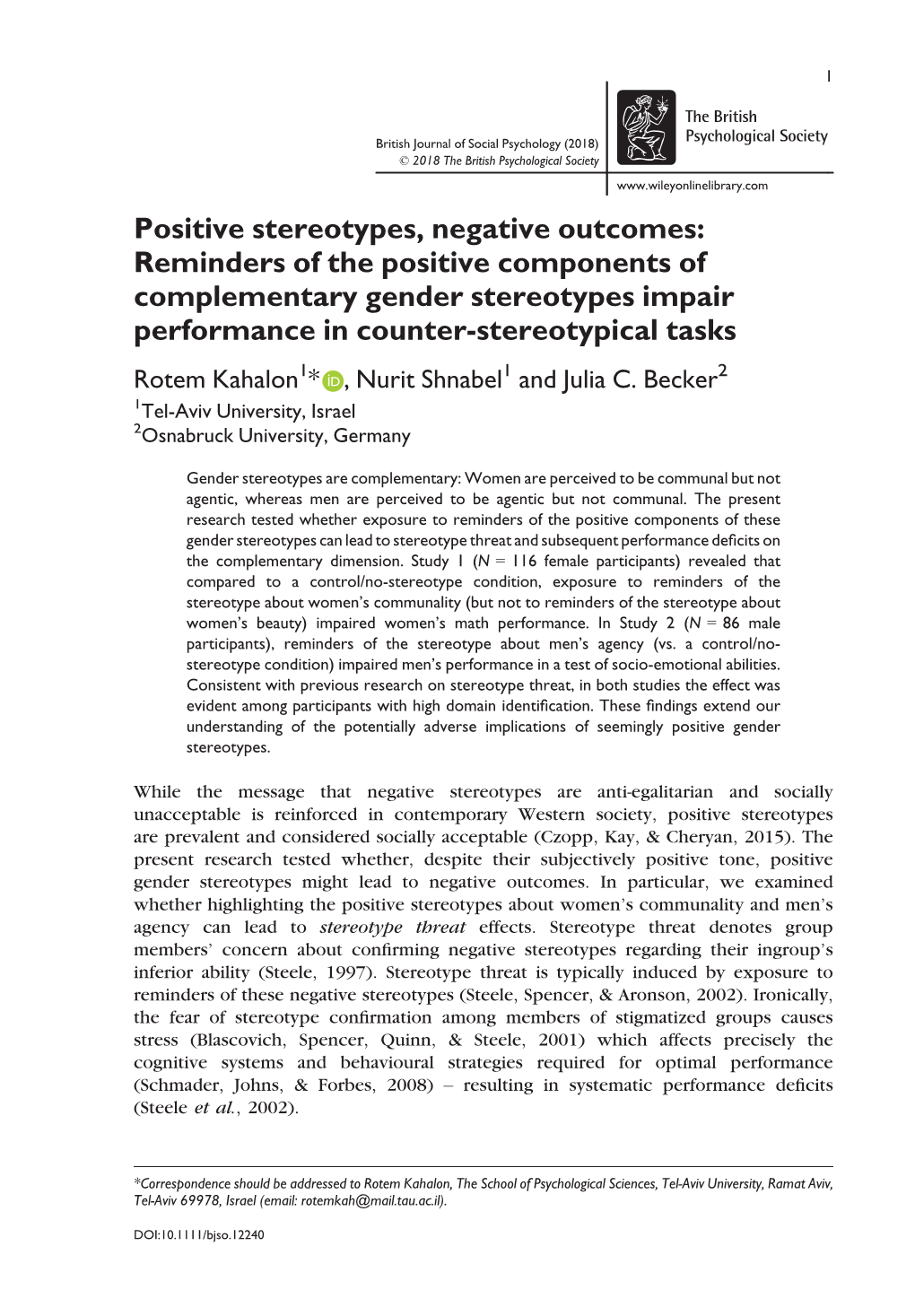 Positive Stereotypes, Negative Outcomes: Reminders of the Positive Components of Complementary Gender Stereotypes Impair Perform