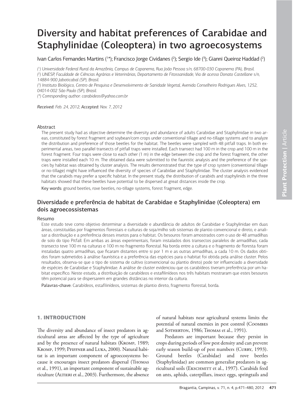 Diversity and Habitat Preferences of Carabidae and Staphylinidae (Coleoptera) in Two Agroecosystems