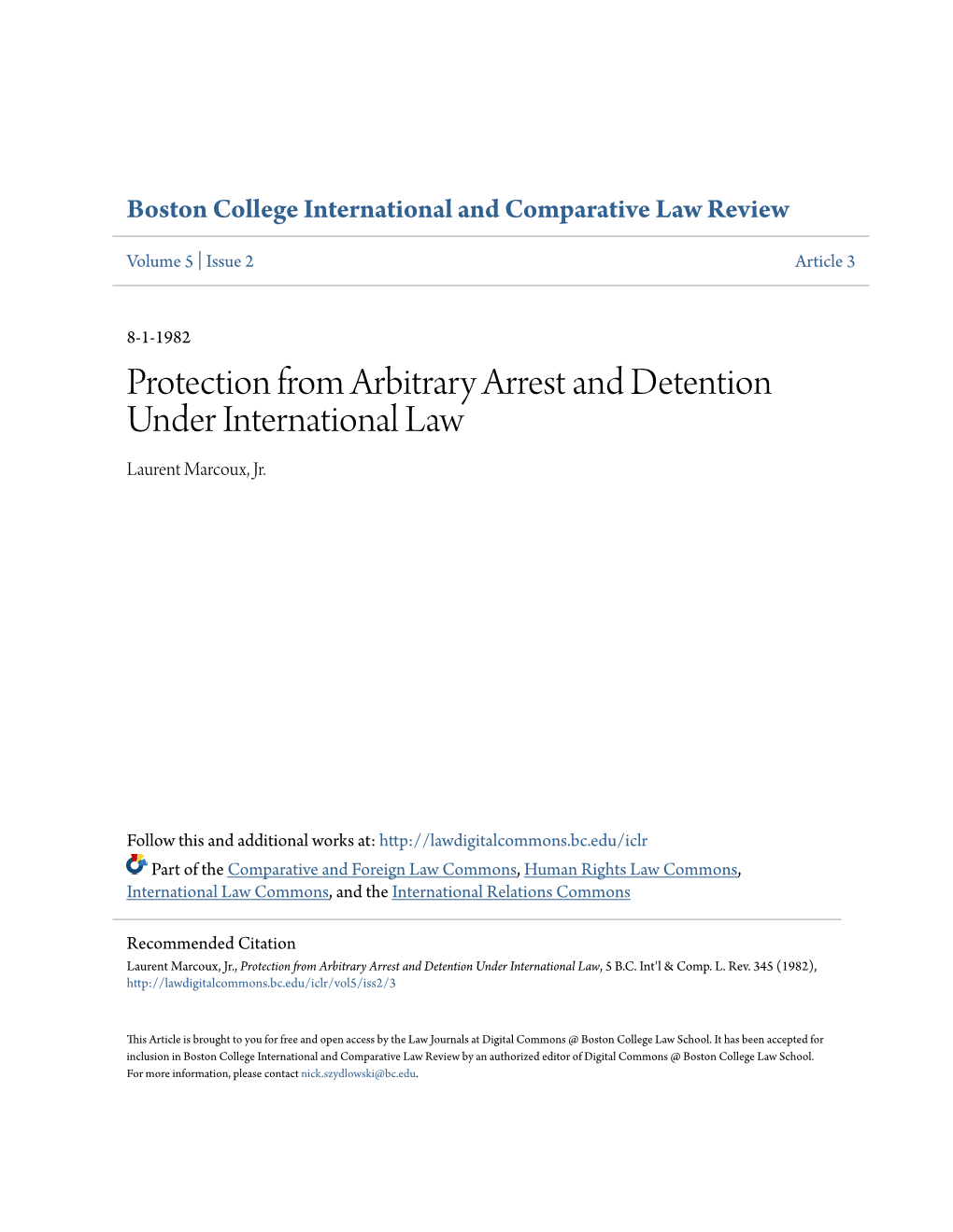 Protection from Arbitrary Arrest and Detention Under International Law Laurent Marcoux, Jr