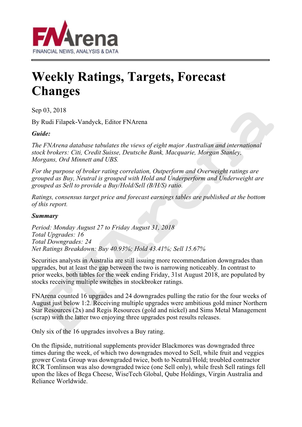Weekly Ratings, Targets, Forecast Changes
