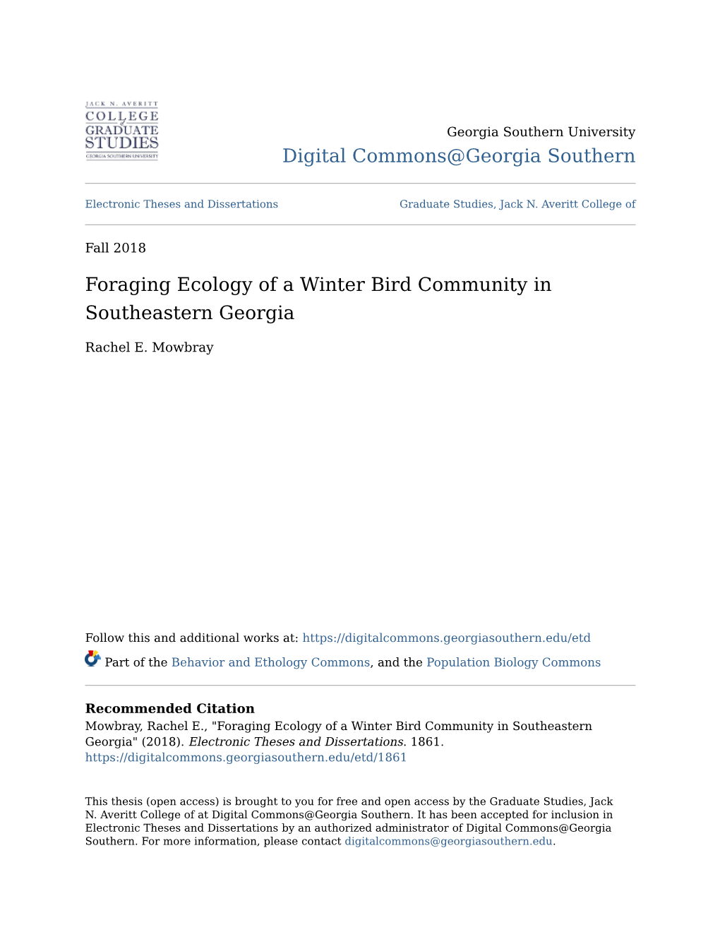 Foraging Ecology of a Winter Bird Community in Southeastern Georgia