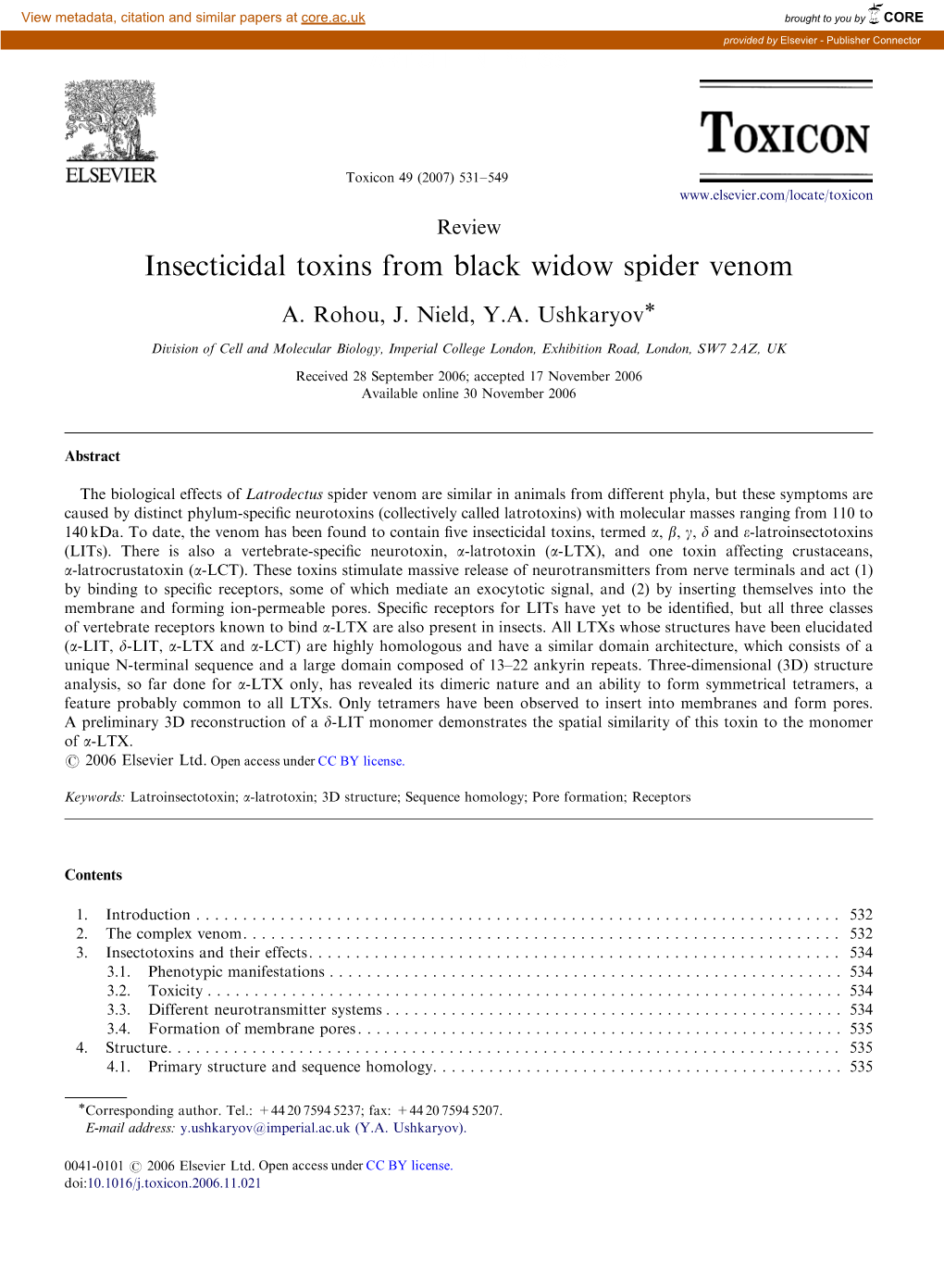 Insecticidal Toxins from Black Widow Spider Venom