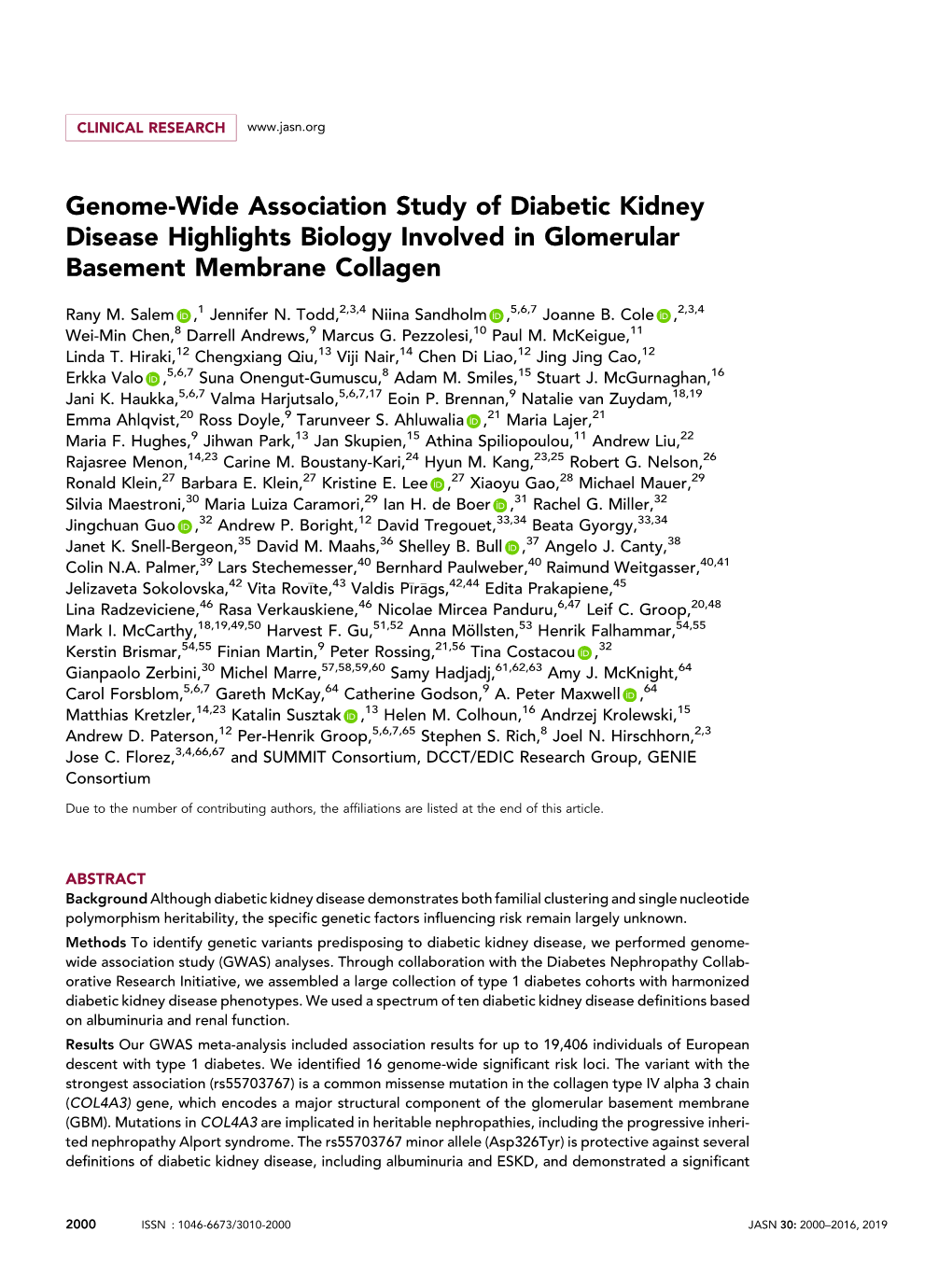 Genome-Wide Association Study of Diabetic Kidney Disease Highlights Biology Involved in Glomerular Basement Membrane Collagen