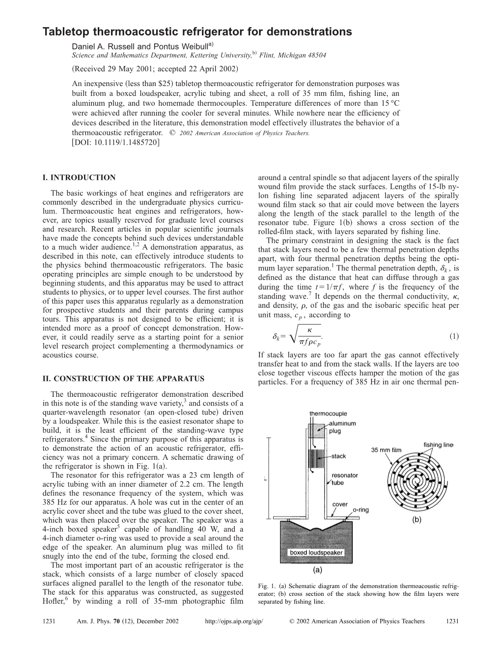 Tabletop Thermoacoustic Refrigerator for Demonstrations Daniel A