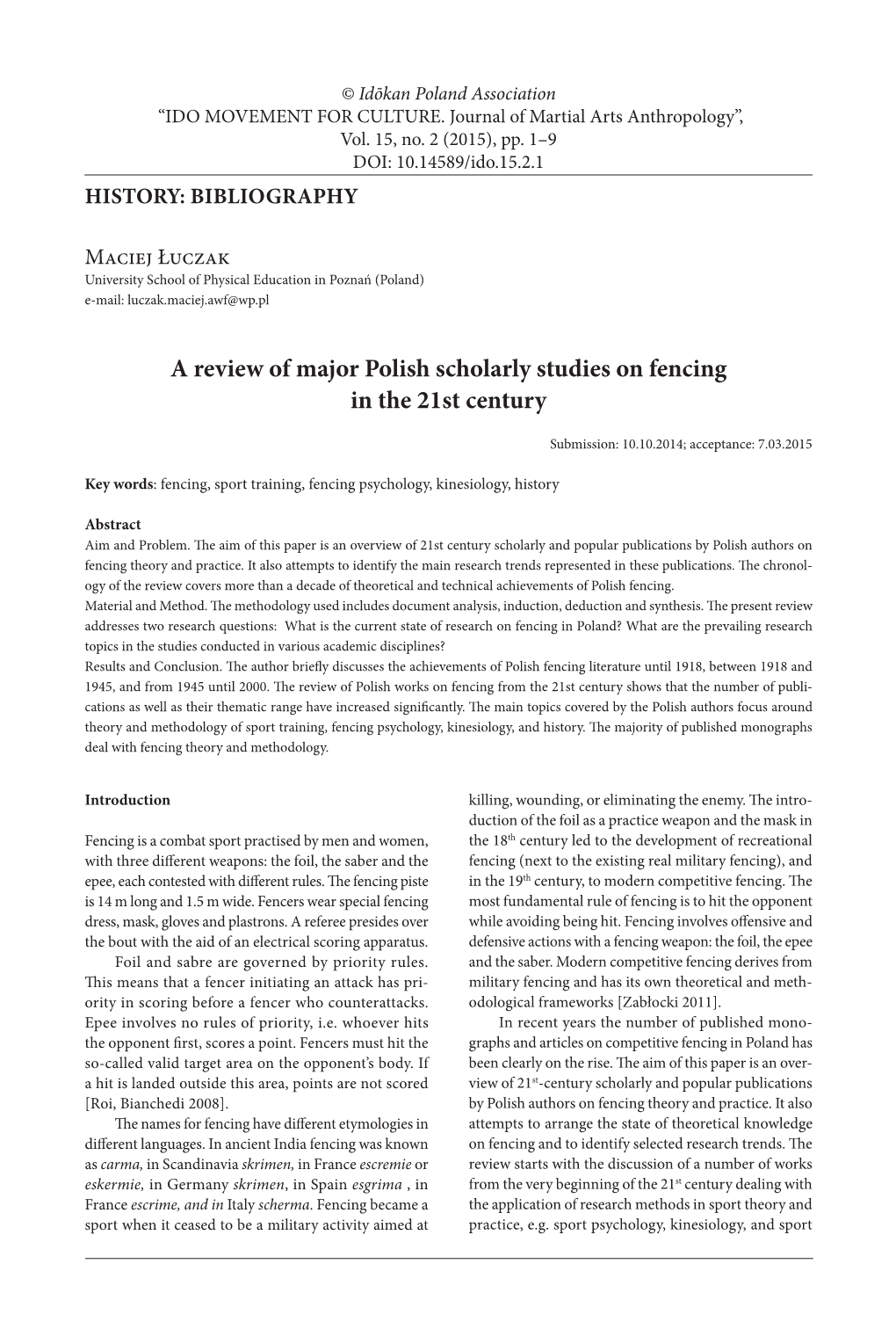 A Review of Major Polish Scholarly Studies on Fencing in the 21St Century