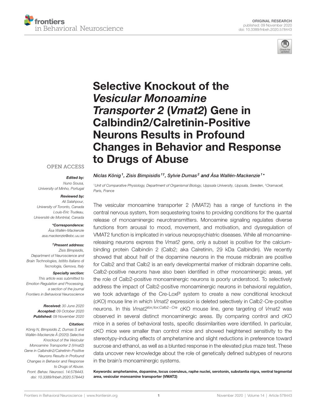 Selective Knockout of the Vesicular Monoamine Transporter 2 (Vmat2)