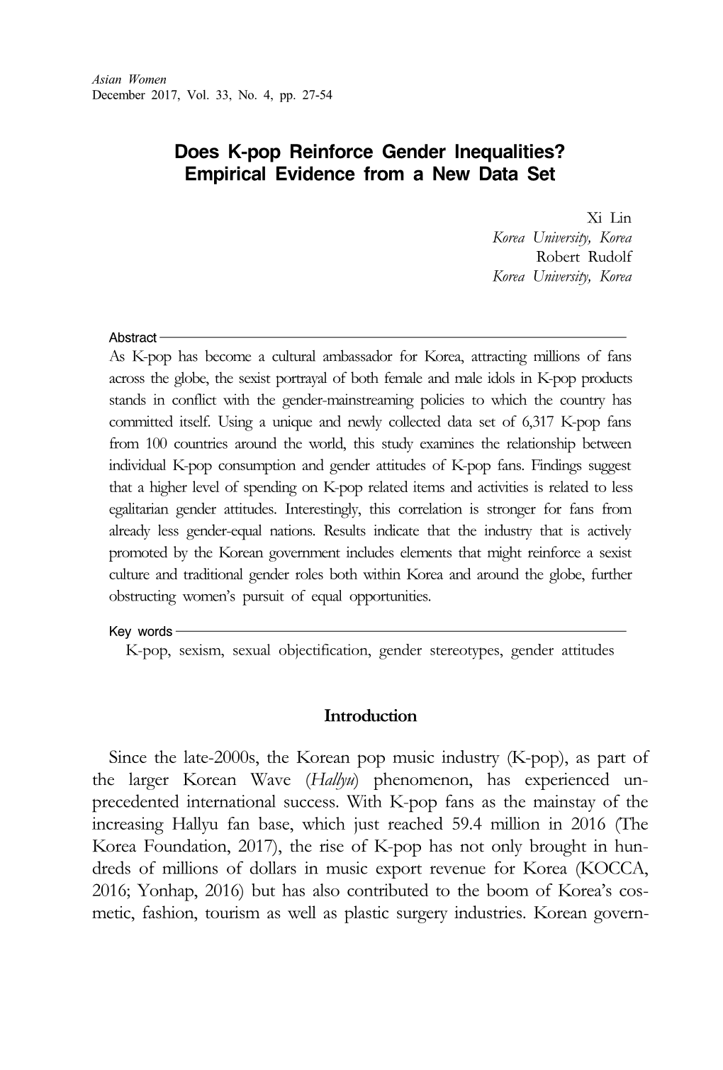 Does K-Pop Reinforce Gender Inequalities? Empirical Evidence from a New Data Set