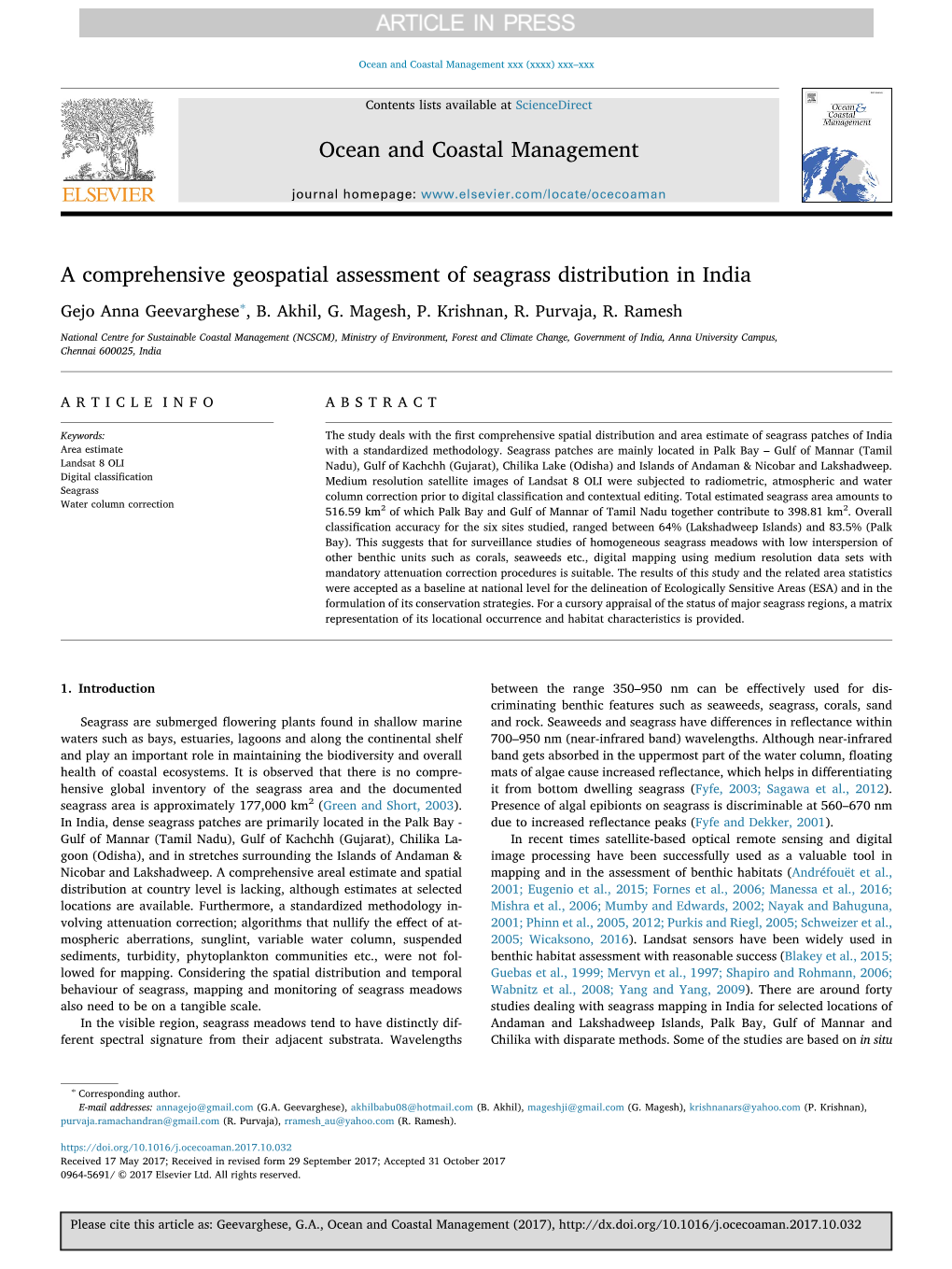 A Comprehensive Geospatial Assessment of Seagrass Distribution in India