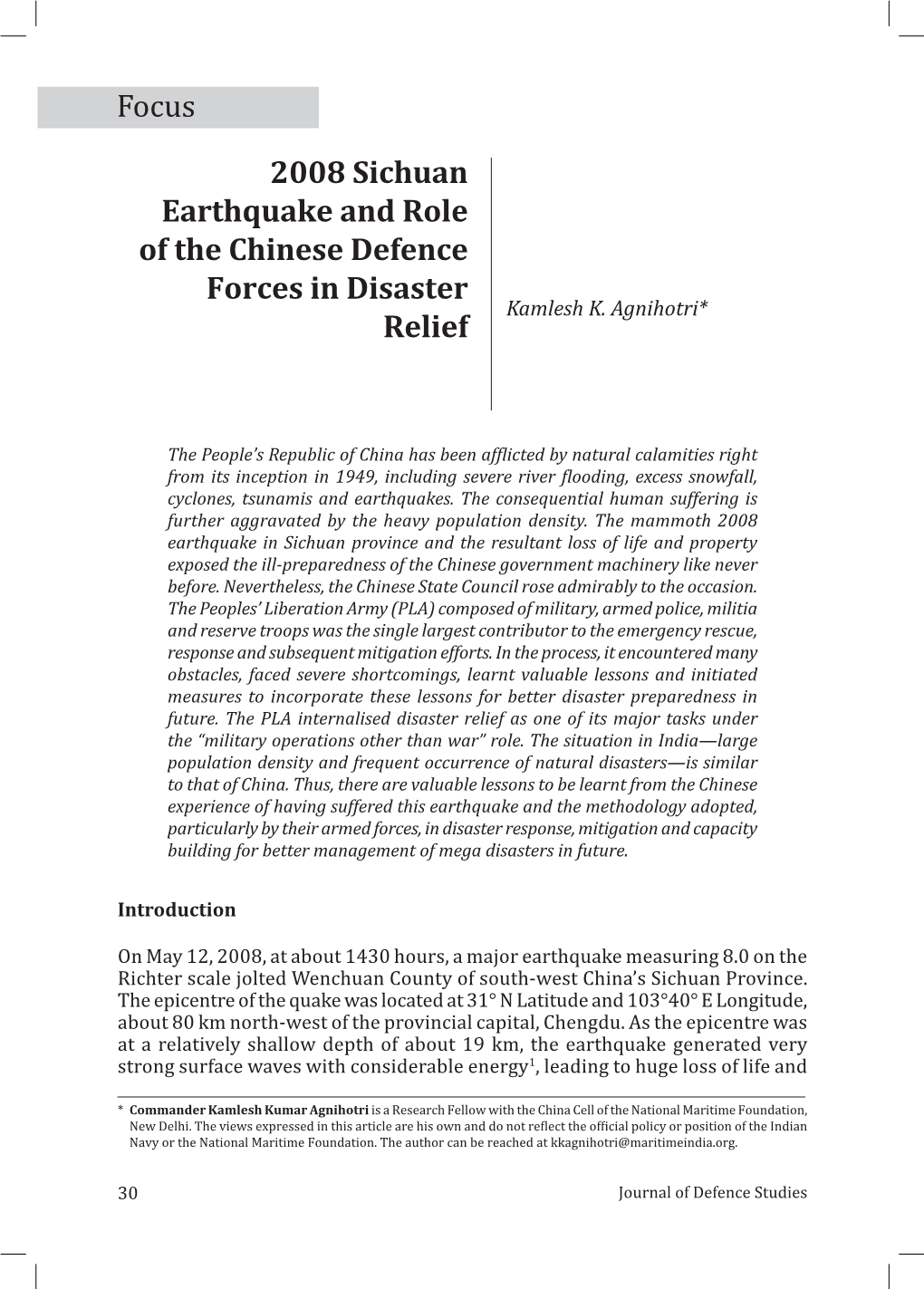 2008 Sichuan Earthquake and Role of the Chinese Defence Forces in Disaster Kamlesh K