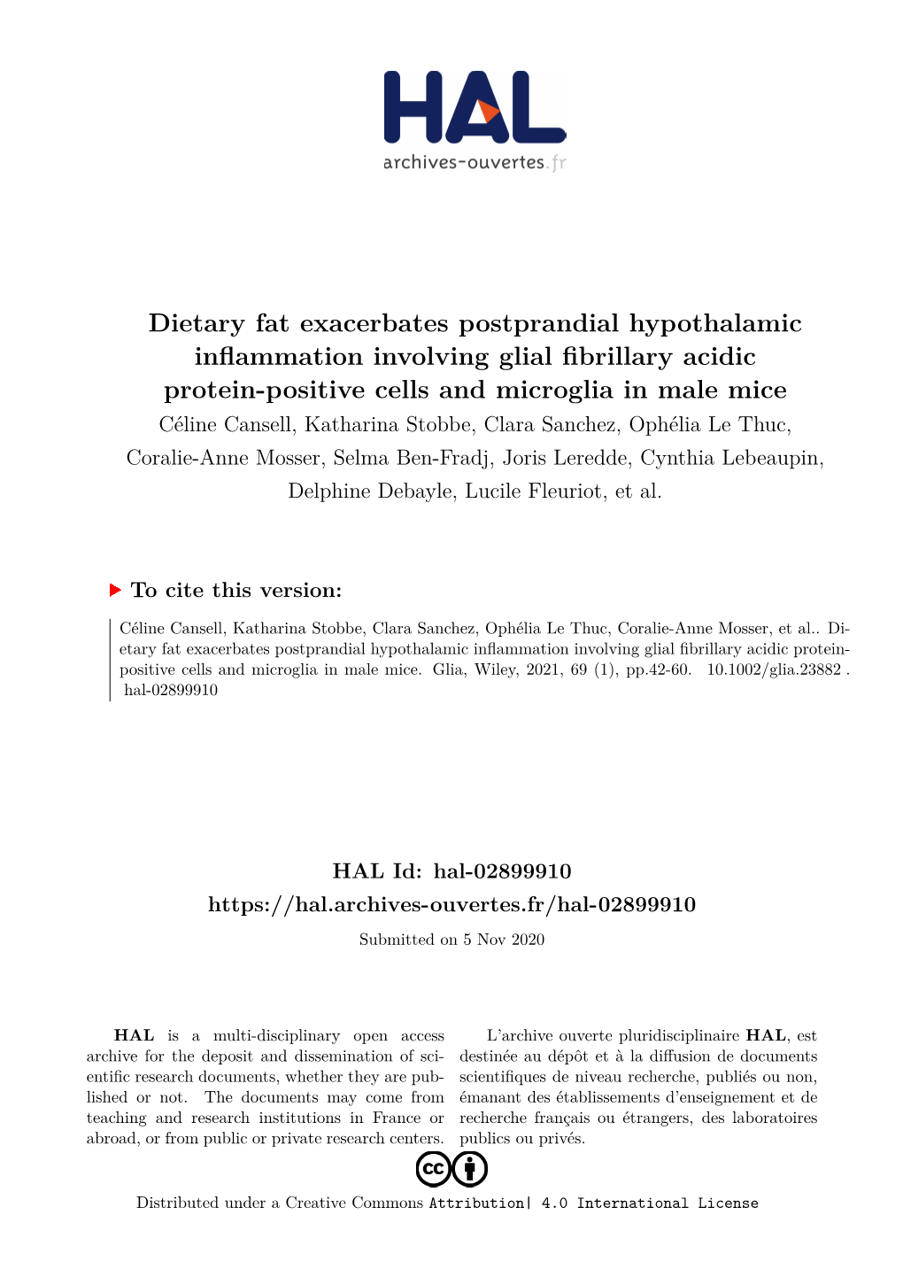 Dietary Fat Exacerbates Postprandial Hypothalamic Inflammation Involving Glial Fibrillary Acidic Protein-Positive Cells and Micr