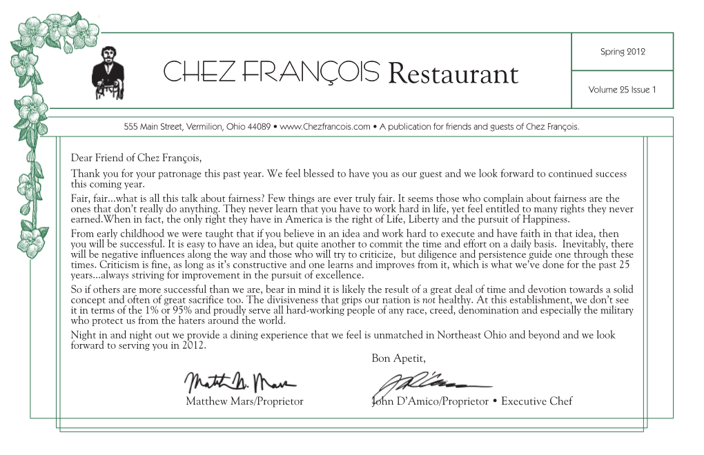 CHEZ FRANÇOIS Restaurant Volume 25 Issue 1