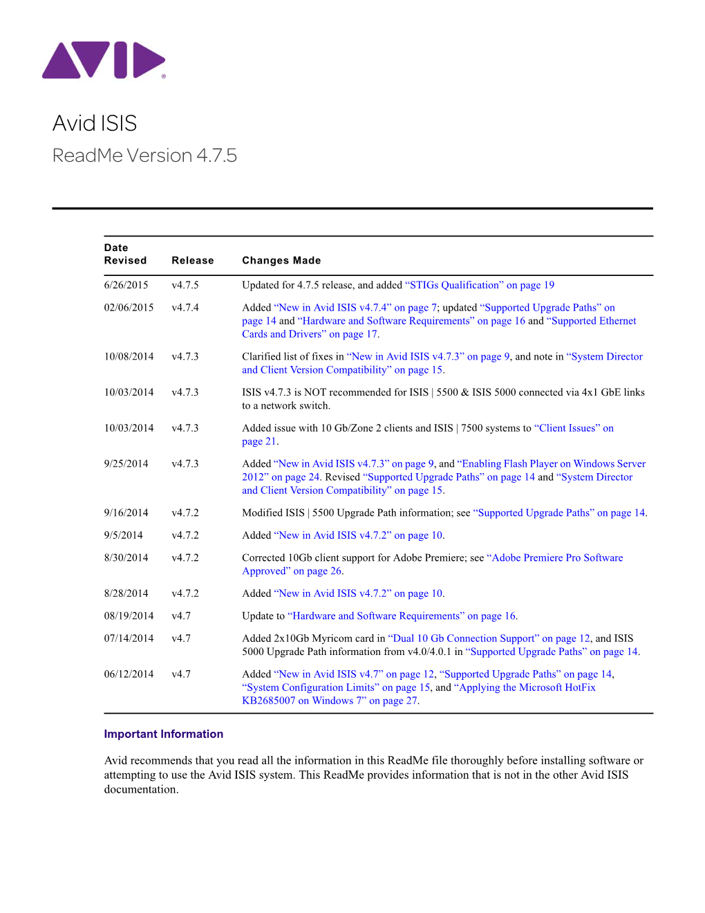 Avid ISIS Readme Version 4.7.5