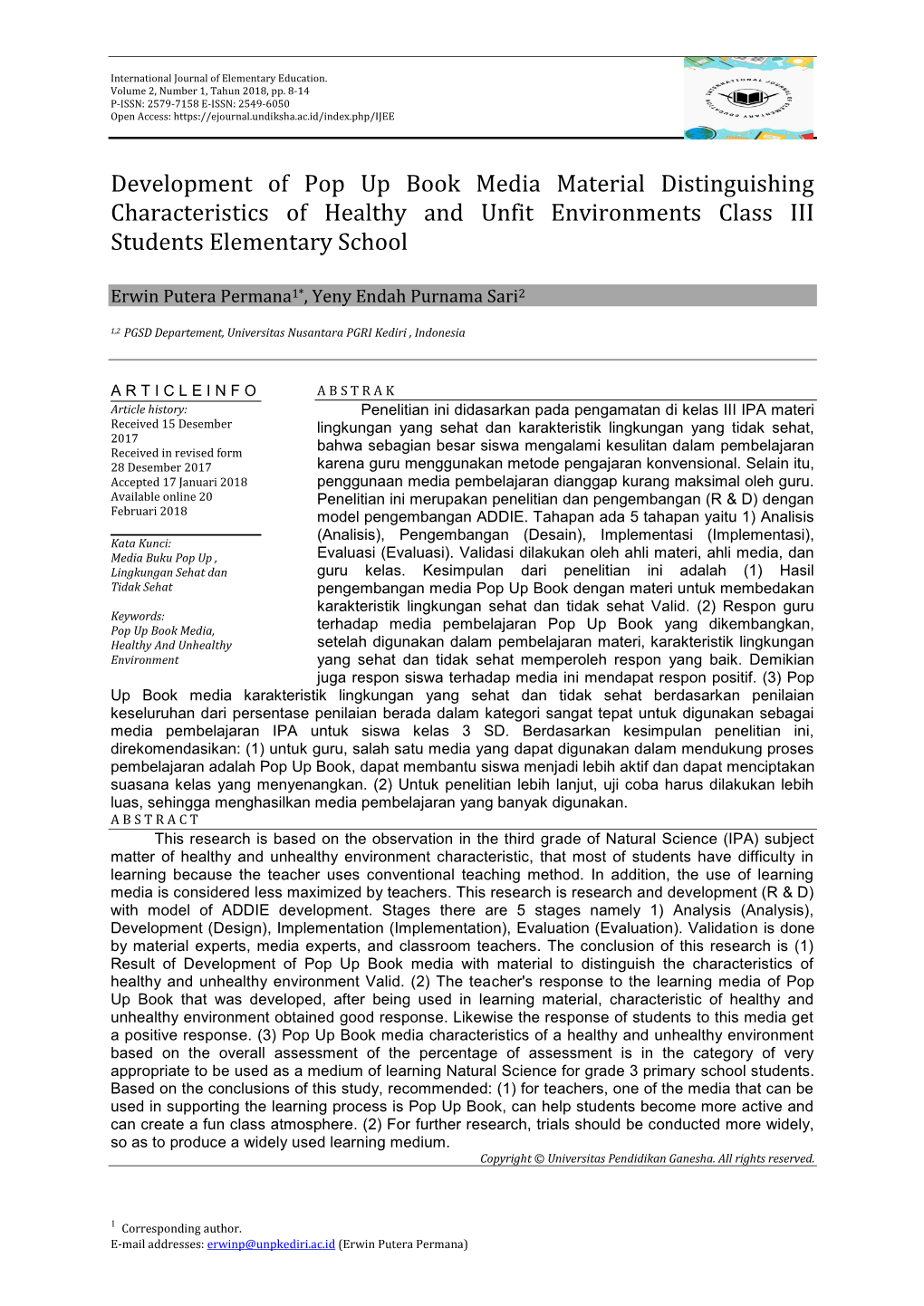 Development of Pop up Book Media Material Distinguishing Characteristics of Healthy and Unfit Environments Class III Students Elementary School