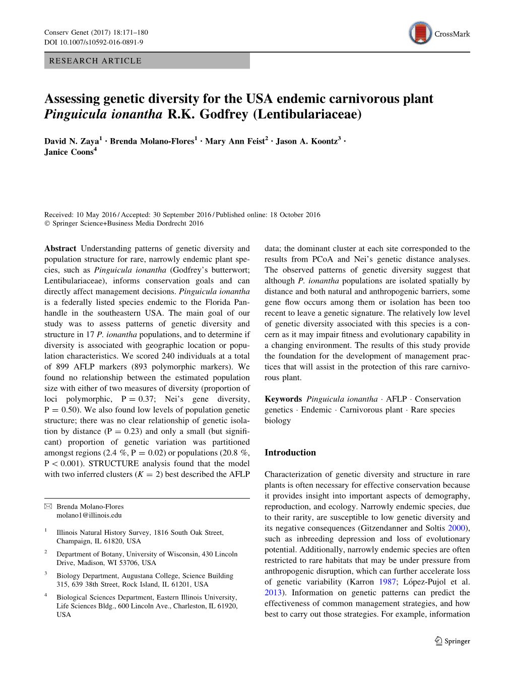 Assessing Genetic Diversity for the USA Endemic Carnivorous Plant Pinguicula Ionantha R.K. Godfrey (Lentibulariaceae)