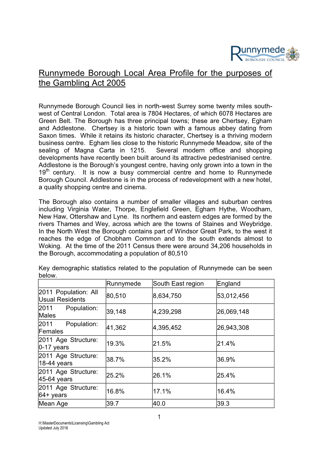 Local Area Profile for the Purposes of Gambling Act 2005