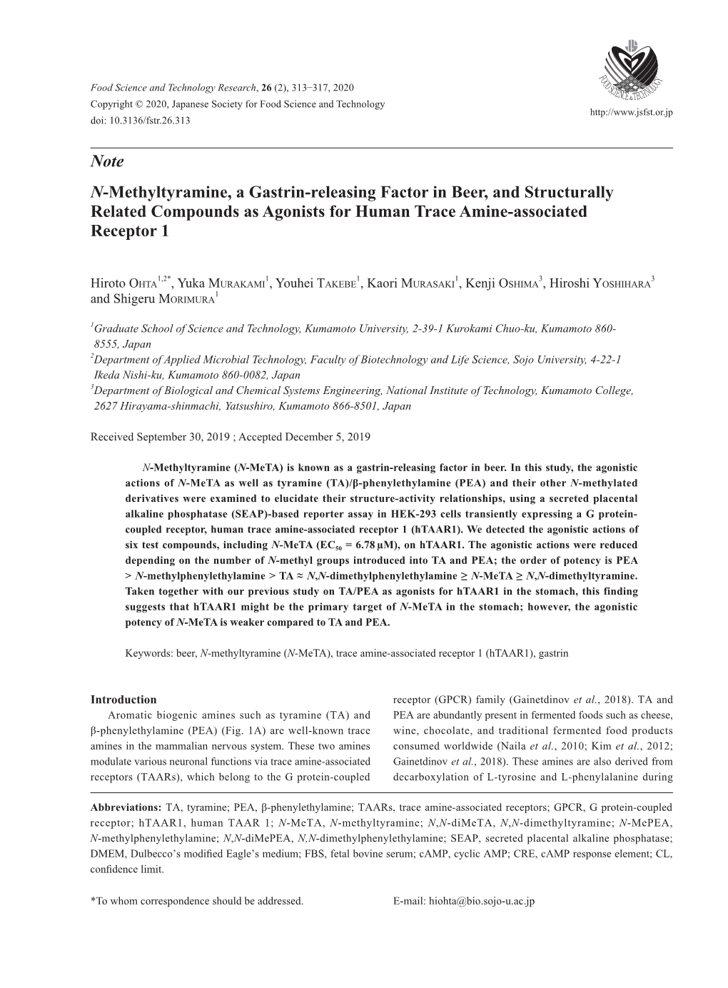 Note N-Methyltyramine, a Gastrin-Releasing Factor in Beer, and Structurally Related Compounds As Agonists for Human Trace Amine-Associated Receptor 1