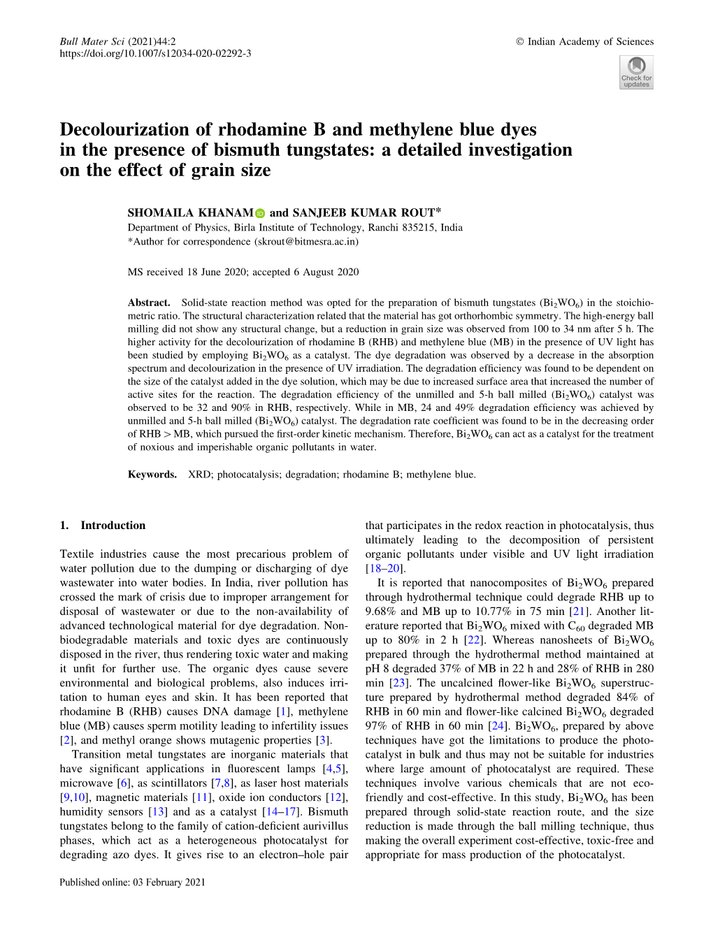 Decolourization of Rhodamine B and Methylene Blue Dyes in the Presence of Bismuth Tungstates: a Detailed Investigation on the Effect of Grain Size