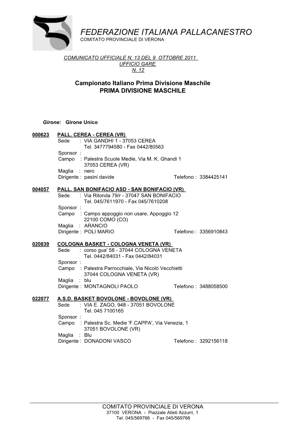 Federazione Italiana Pallacanestro Comitato Provinciale Di Verona