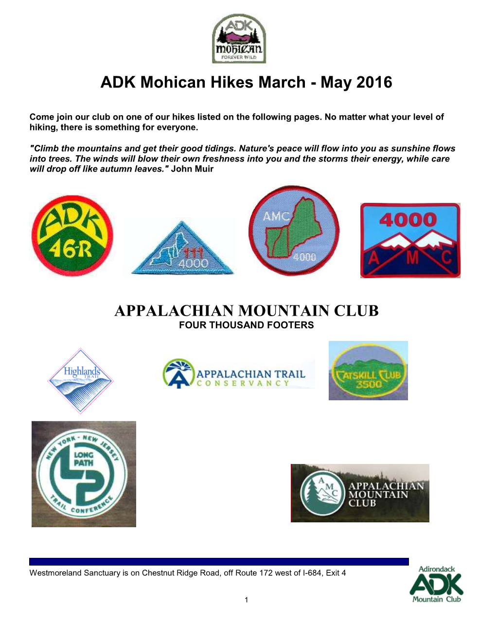 ADK Mohican Hikes March - May 2016