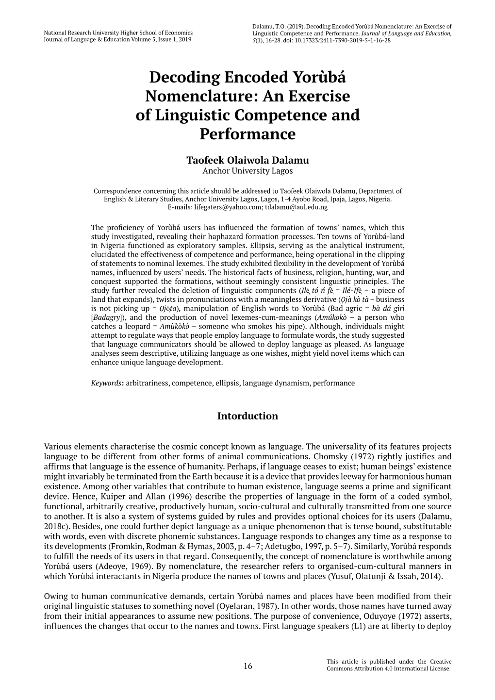 Decoding Encoded Yorùbá Nomenclature: an Exercise of National Research University Higher School of Economics Linguistic Competence and Performance
