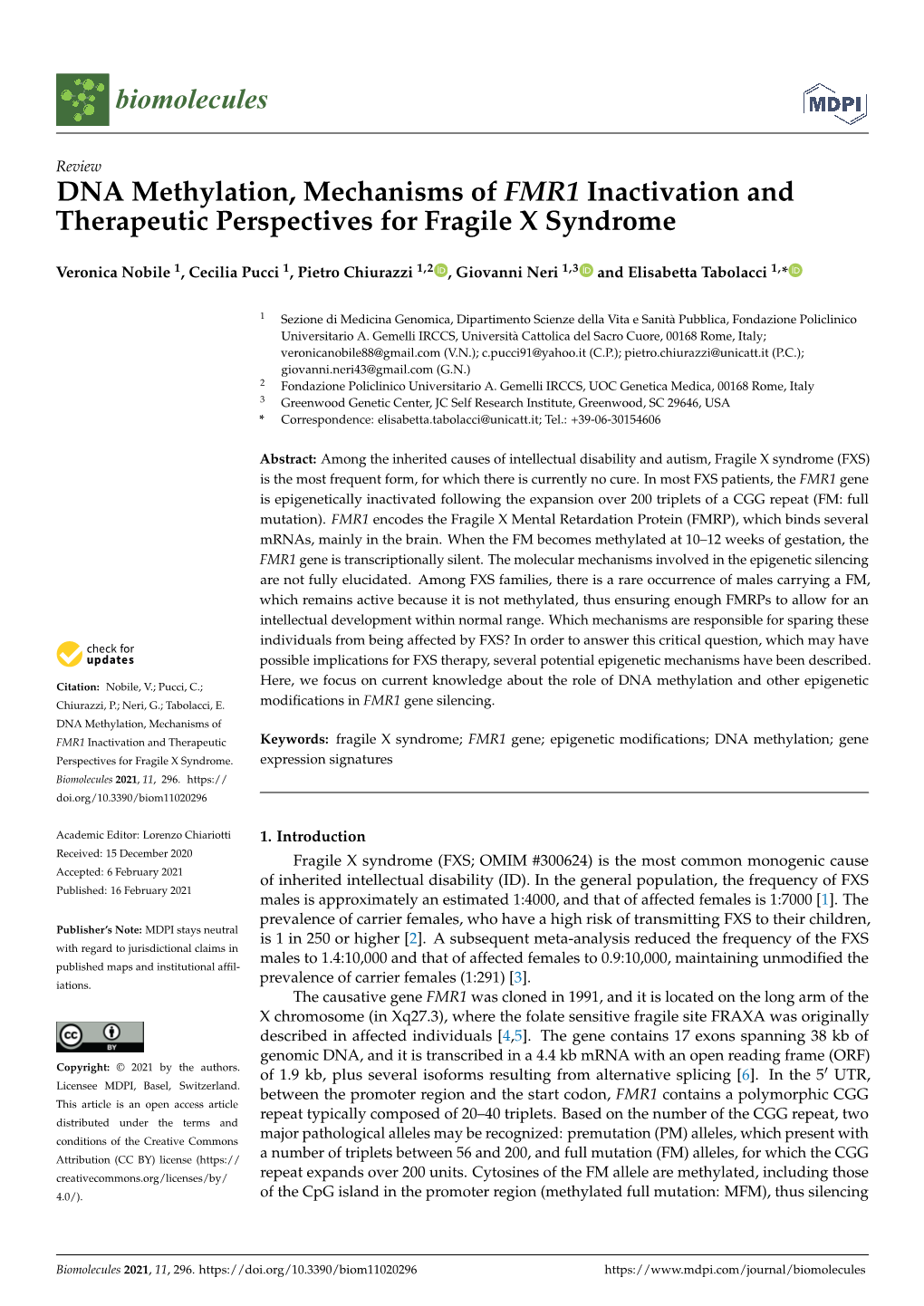 DNA Methylation, Mechanisms of FMR1 Inactivation and Therapeutic Perspectives for Fragile X Syndrome