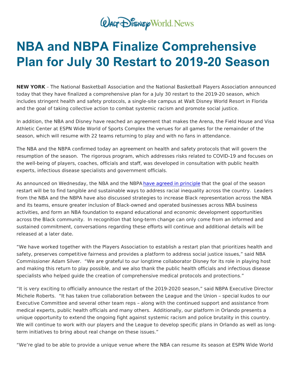 NBA and NBPA Finalize Comprehensive Plan for July 30 Restart to 2019-20 Season