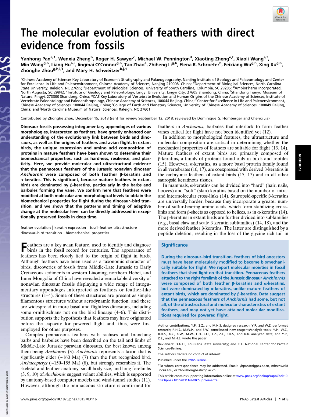 The Molecular Evolution of Feathers with Direct Evidence from Fossils