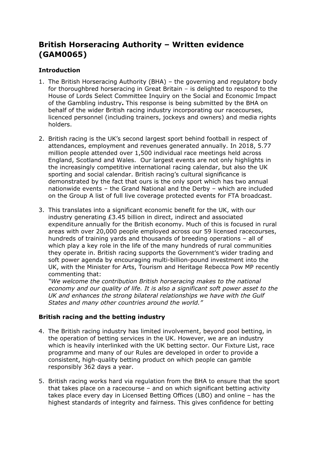 British Horseracing Authority – Written Evidence (GAM0065)