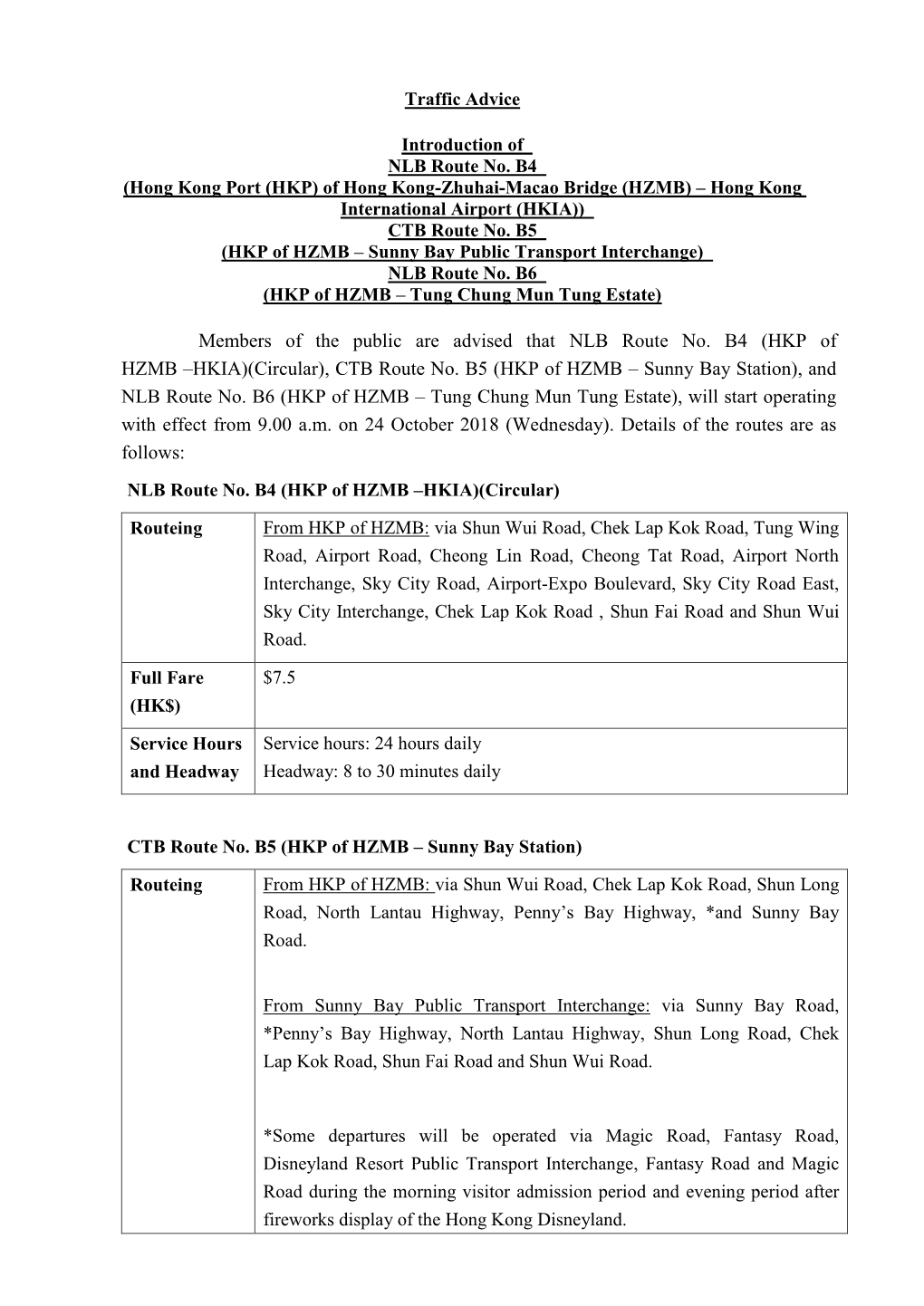 Traffic Advice Introduction of NLB Route No. B4 (Hong Kong Port