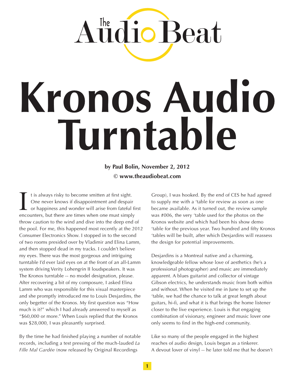 Kronos Audio Turntable by Paul Bolin, November 2, 2012 ©