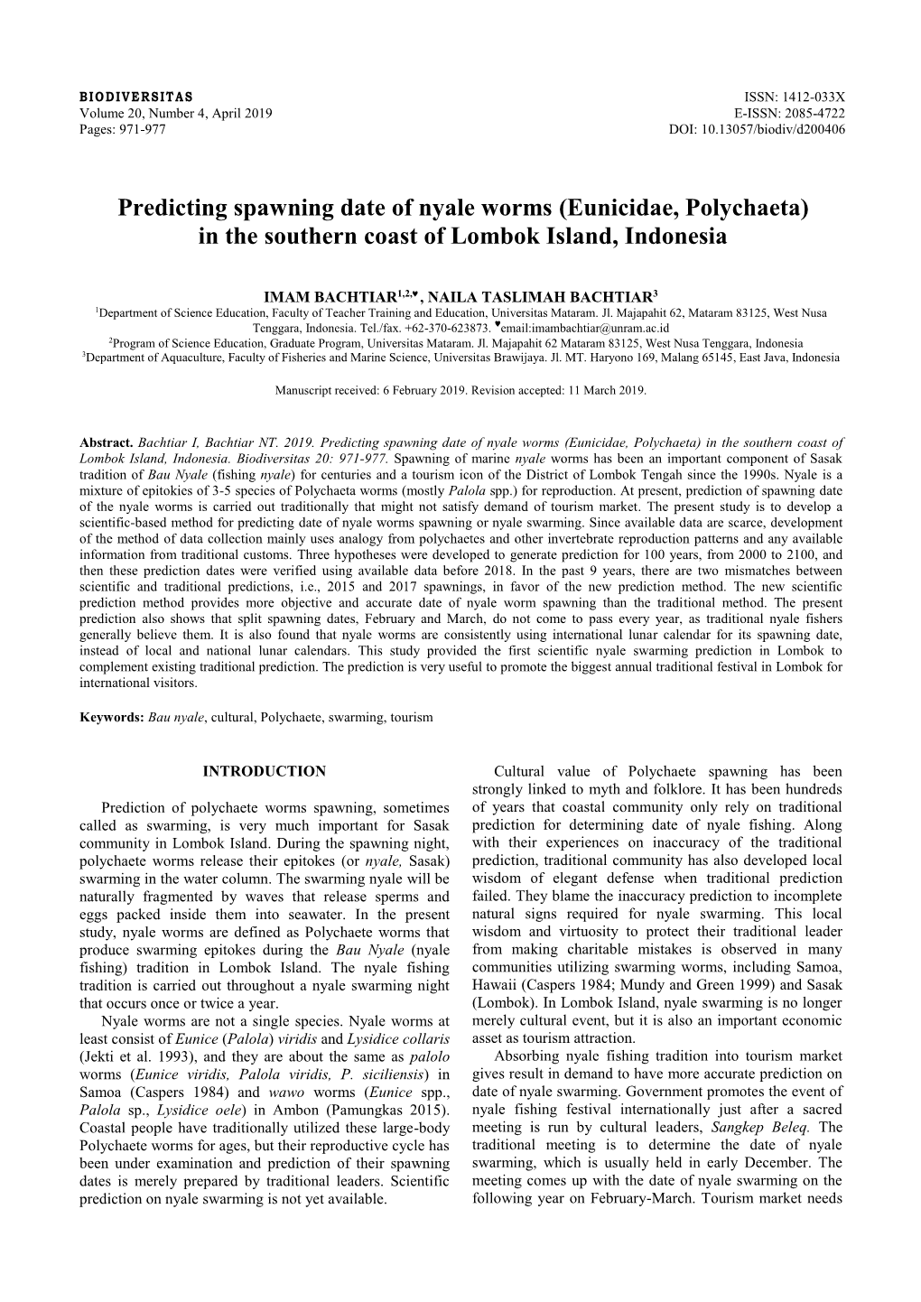 Predicting Spawning Date of Nyale Worms (Eunicidae, Polychaeta) in the Southern Coast of Lombok Island, Indonesia