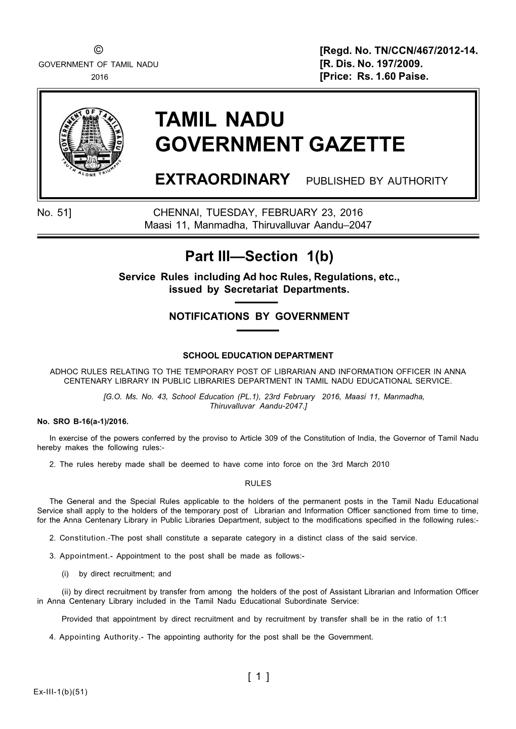 Tamil Nadu Government Gazette Extraordinary