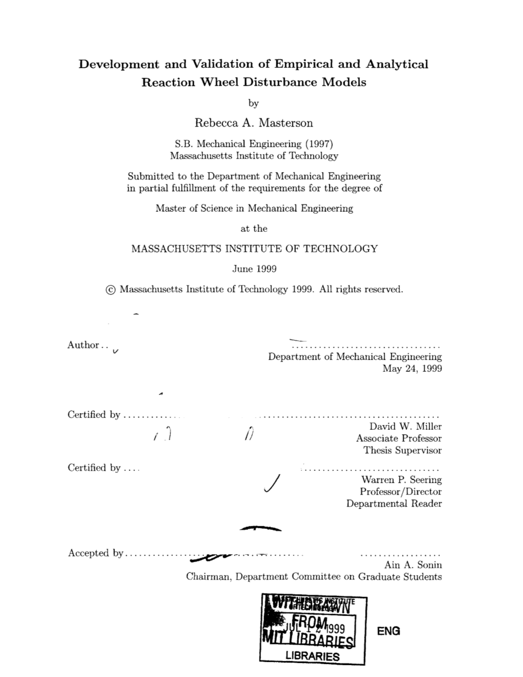 Development and Validation of Empirical and Analytical Reaction Wheel Disturbance Models by Rebecca A