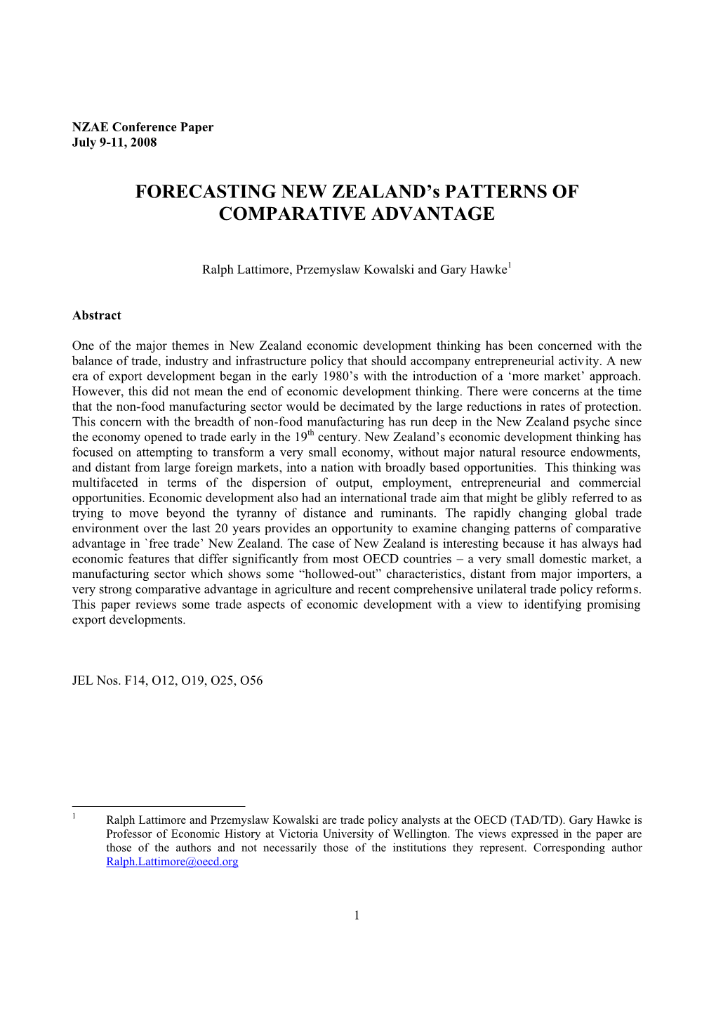 FORECASTING NEW ZEALAND's PATTERNS of COMPARATIVE