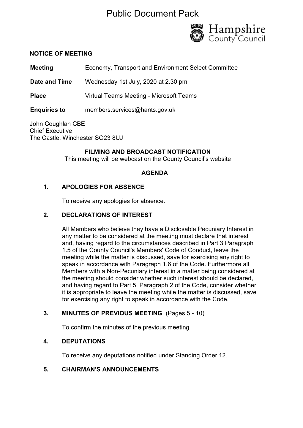 Agenda Document for Economy, Transport and Environment Select