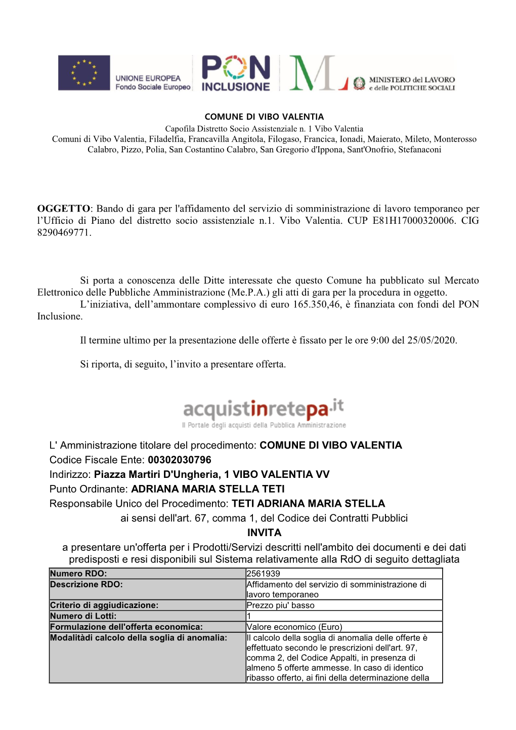 Bando Di Gara Per L'affidamento Del Servizio Di Somministrazione Di Lavoro Temporaneo Per L’Ufficio Di Piano Del Distretto Socio Assistenziale N.1