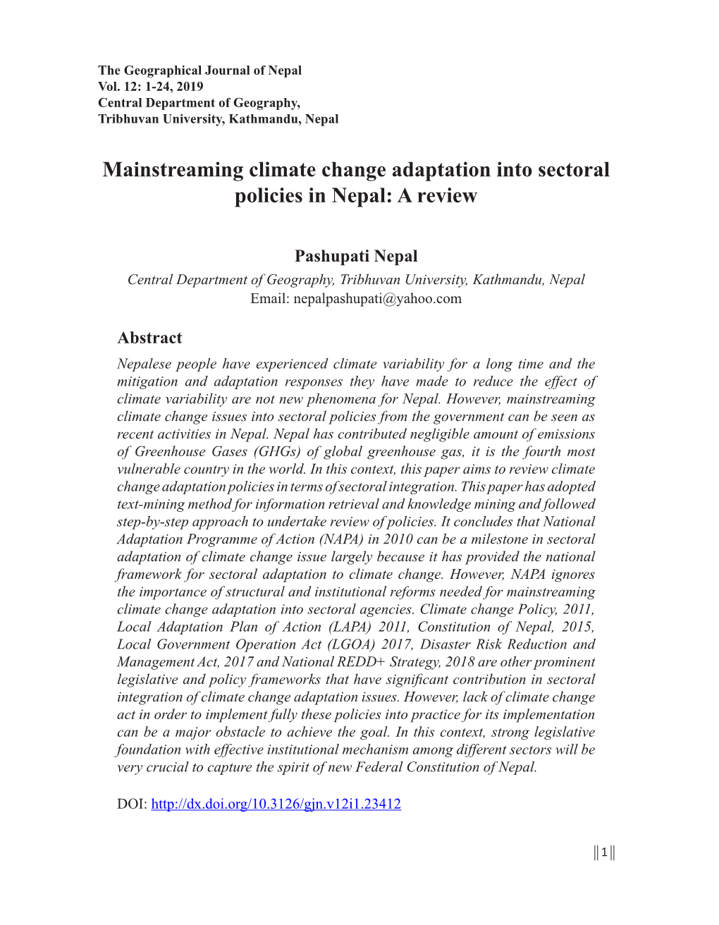 Mainstreaming Climate Change Adaptation Into Sectoral Policies in Nepal: a Review
