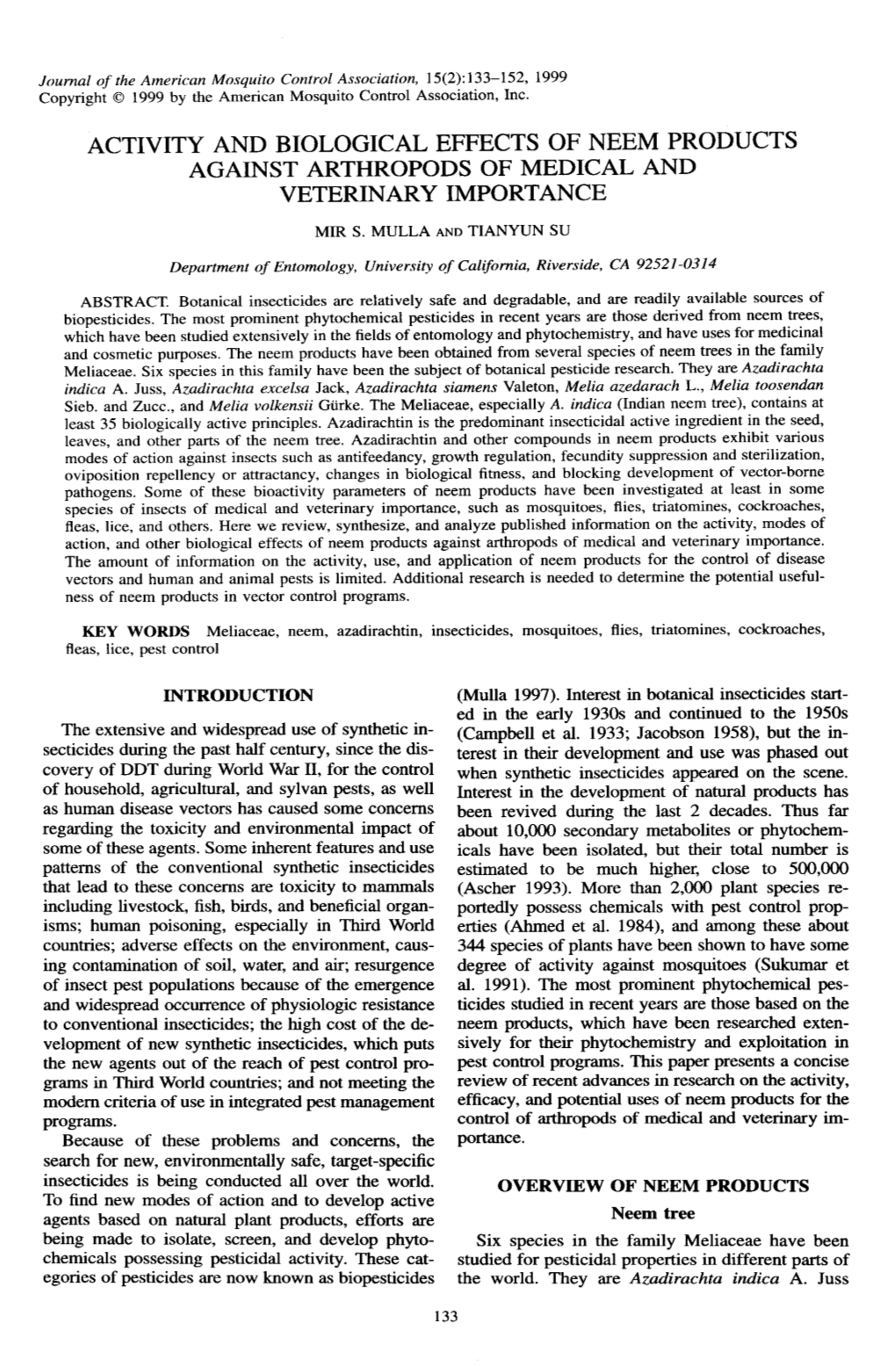 Activity and Biological Effects of Neem Products Against Arthropods of Medical and Veterinary Importance