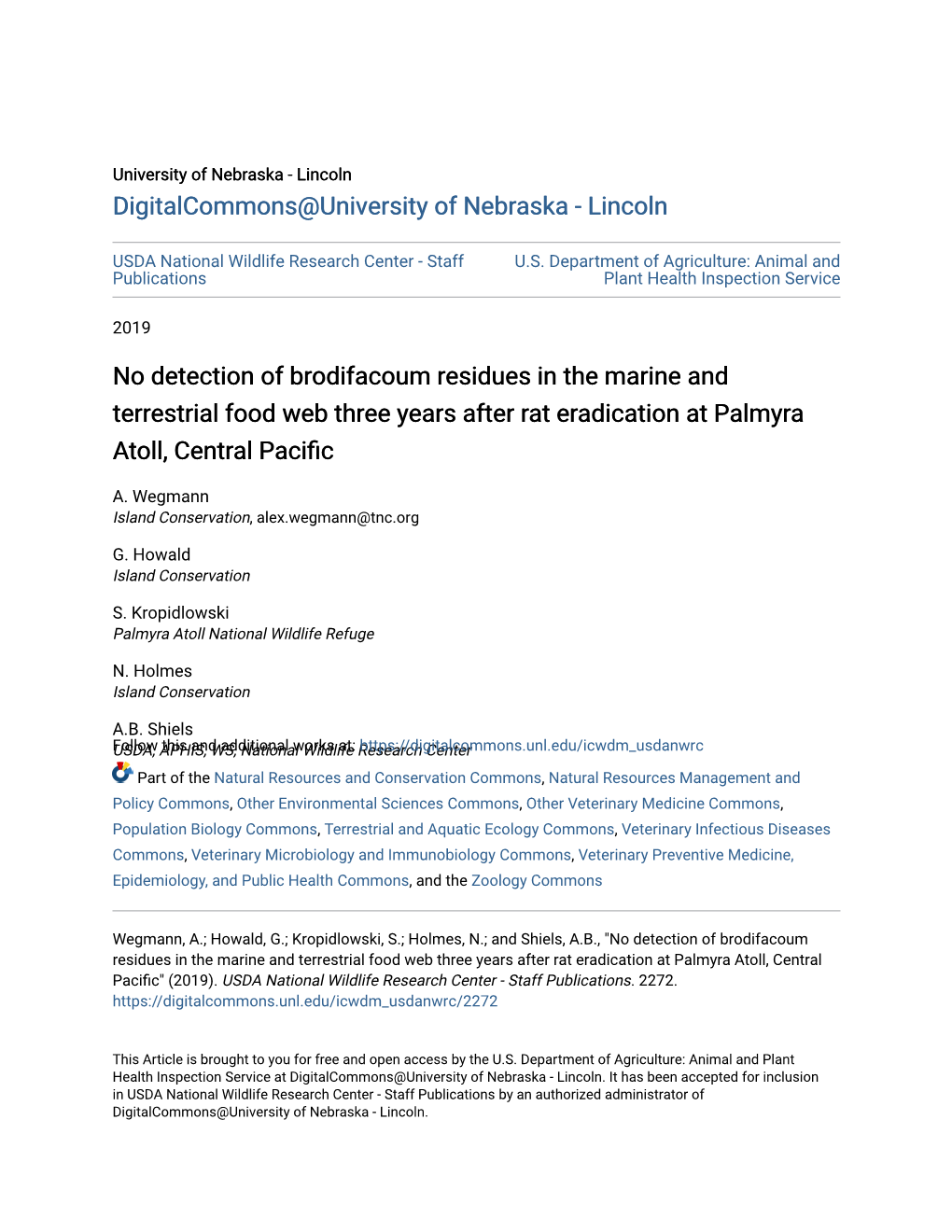 No Detection of Brodifacoum Residues in the Marine and Terrestrial Food Web Three Years After Rat Eradication at Palmyra Atoll, Central Pacific