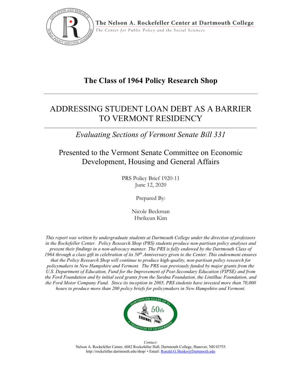 Addressing Student Loan Debt As a Barrier to Vermont Residency