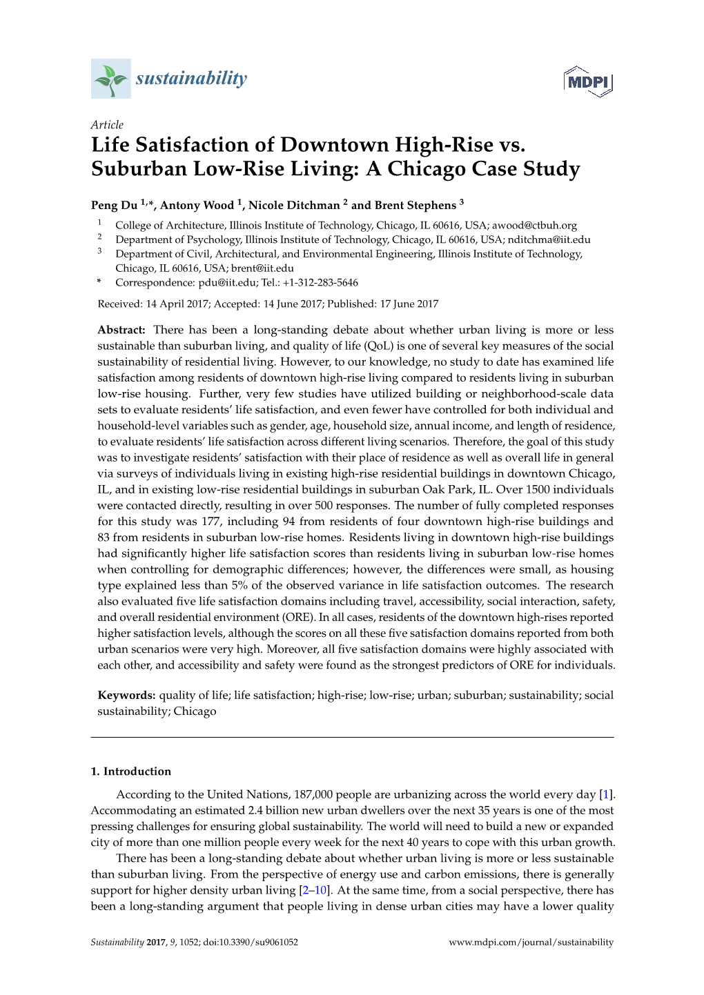 Life Satisfaction of Downtown High-Rise Vs. Suburban Low-Rise Living: a Chicago Case Study